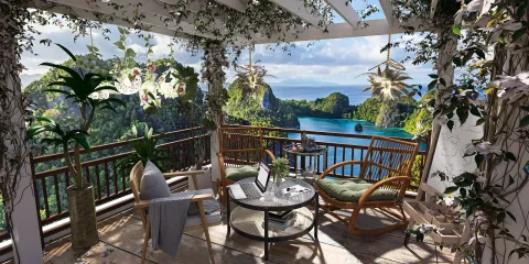 A tranquil outdoor balcony featuring a comfortable seating arrangement and lush greenery, showcasing a stunning ocean view, designed using Homestyler's real-time 3D rendering for an immersive interior decor experience.