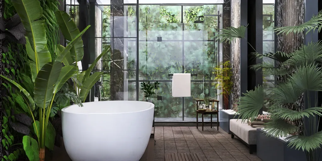 a bathroom with a tub, toilet and a large window 