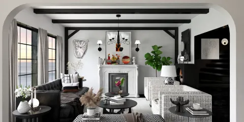 modern living room interior design featuring a cozy layout with a fireplace and stylish furniture arrangement in a contemporary style, highlighting the real-time 3D rendering feature of Homestyler.