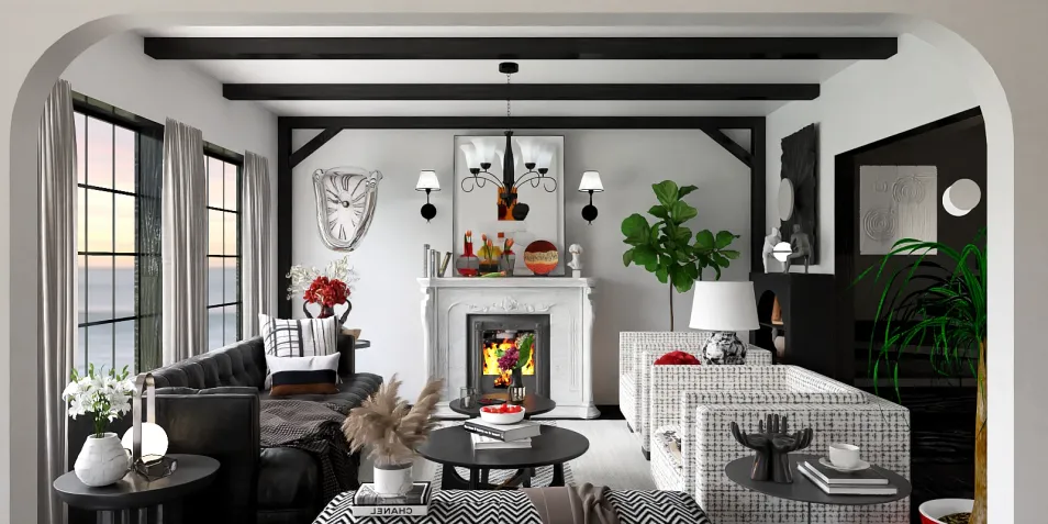 Cozy living room featuring a modern fireplace and stylish furniture arrangement in a contemporary design, enhancing the interior decor with a harmonious ambiance using Homestyler's real-time 3D rendering.