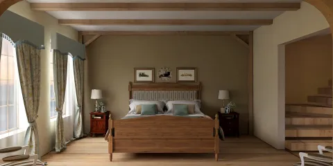 Cozy wooden bed arrangement in a rustic style bedroom featuring soft lighting, showcasing a warm and inviting interior decor atmosphere, enabled by Homestyler's real-time 3D rendering for quick design previews.