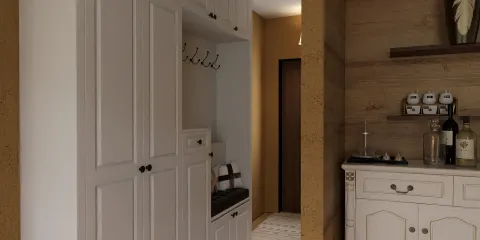 A stylish hallway featuring a white cabinetry system organizing space, enhanced by serene decor, illustrating an elegant interior design with a focus on functional storage solutions, utilizing Homestyler's real-time 3D rendering feature.