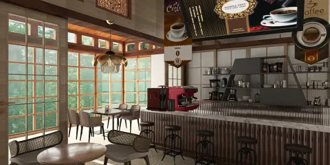 café interior with a barista station and seating arrangement showcasing modern rustic design elements and a focus on 3D interior rendering for accurate visual preview using Homestyler.