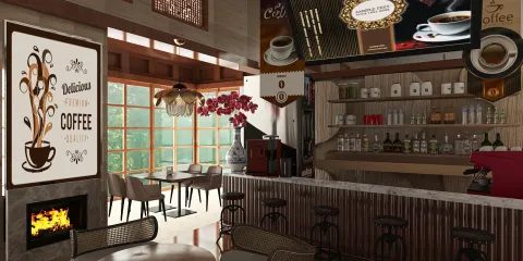 cozy coffee shop interior design featuring a modern counter and floral decor with comfortable seating, showcasing Homestyler's real-time 3D rendering feature for enhanced design proposals.