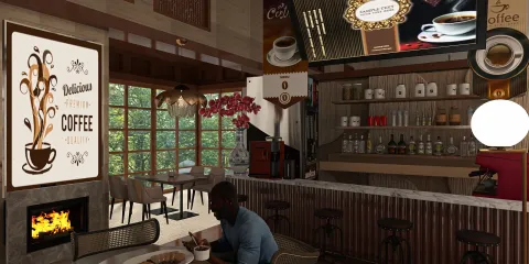 Coffee shop interior featuring a cozy seating arrangement and a vibrant bar area, designed using Homestyler's real-time 3D rendering for an immersive customer experience.