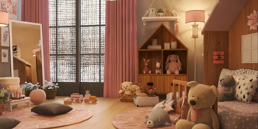 a room with a doll and a doll house 
