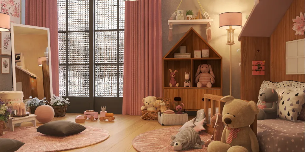 a room with a doll and a doll house 