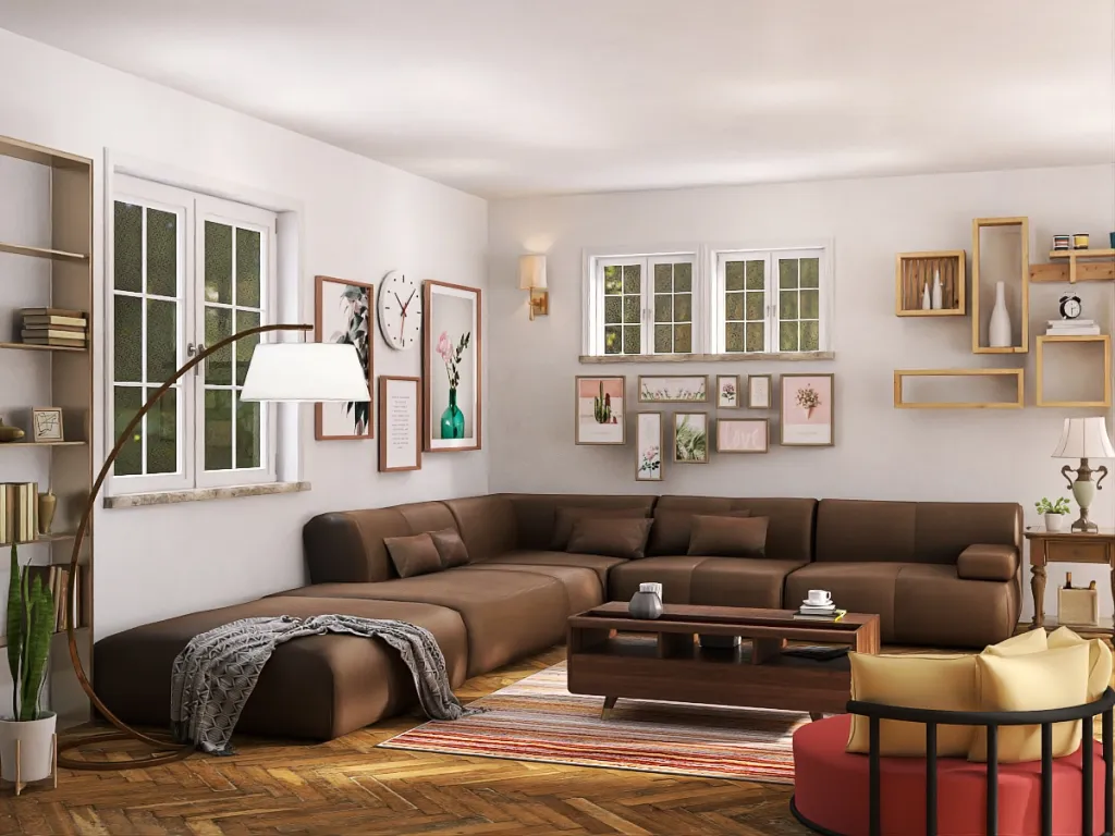 a living room with a couch, coffee table, and a lamp 