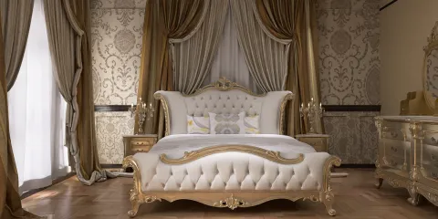 luxurious bedroom featuring an ornate bed design with golden accents and elegant drapes, showcasing interior decor elements for Homestyler's real-time 3D rendering capabilities