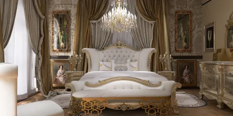 luxurious bedroom with classic furniture showcasing elegant design features and rich textures, emphasizing interior decor and utilizing Homestyler's real-time 3D rendering capabilities.
