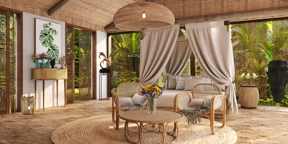 cozy living room with rattan furniture displaying tropical decor and soft drapery in a bohemian style, showcasing Homestyler's real-time 3D rendering feature for interior design visualization.