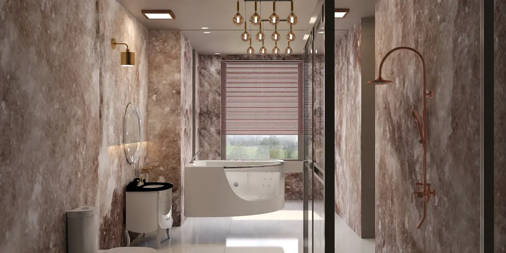 a large bathroom with a large window and a large tub 