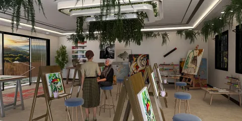 modern art studio showcasing artworks while a woman and an elder man discuss art concepts in a vibrant, green-themed setting; featuring intelligent furniture arrangement for collaboration using Homestyler's smart furniture placement functionality.