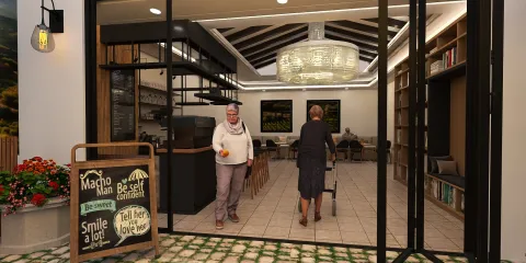 café entrance with two women interacting, creating a welcoming atmosphere, featuring modern interior decor and warm lighting, showcasing Homestyler's real-time 3D rendering for design proposals.