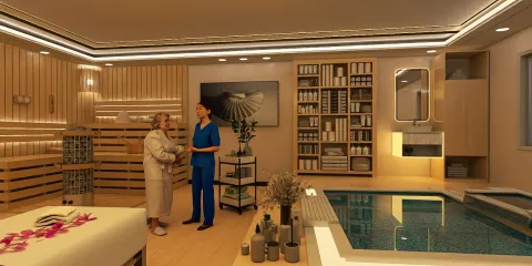 people discussing spa treatments in a modern wellness center with a pool, showcasing interior design ideas using Homestyler's real-time 3D rendering feature, creating a serene and inviting atmosphere.