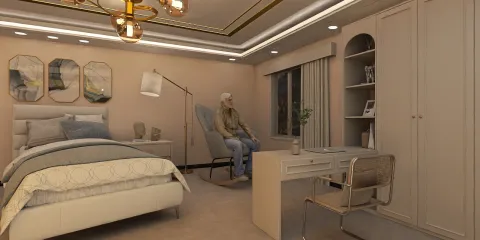 bedroom design featuring a comfortable workspace and a cozy seating area, showcases modern interior decor with a soft color palette and elegant lighting, utilizes Homestyler's real-time 3D rendering for design visualization.