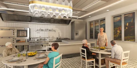 modern kitchen with smart furniture arrangement showcasing a stylish dining setup in a classic style, featuring Homestyler's real-time 3D rendering for design proposal presentation