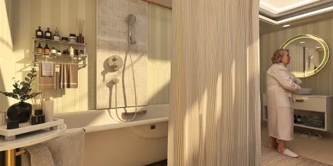 modern bathroom featuring a freestanding bathtub and a shower area with elegant wall tiles, creating a serene atmosphere for relaxation; highlights the interior decor functionality of Homestyler's real-time 3D rendering for design previews.