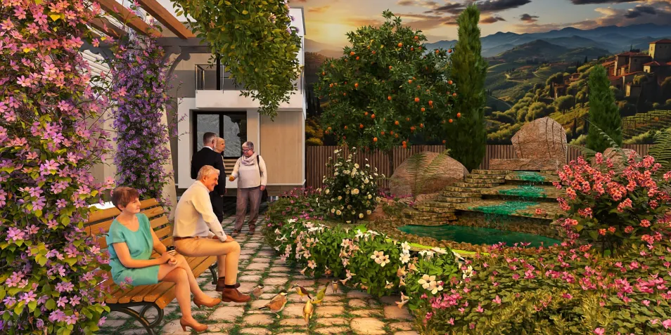 lush garden scene with flowers and seating areas design showcasing a serene outdoor space optimization using Homestyler's real-time 3D rendering functionality