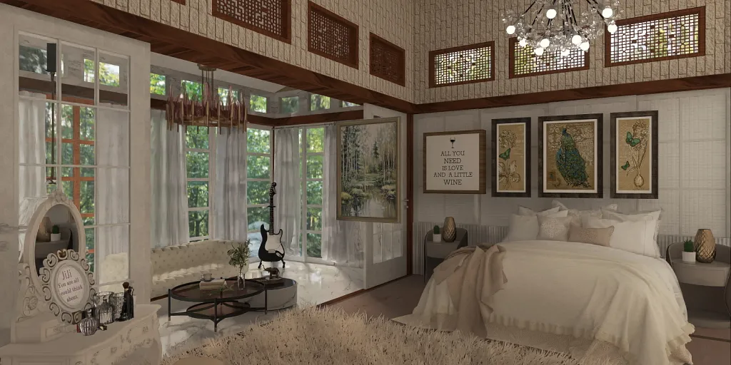 a bedroom with a large window and a large bed 