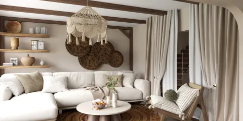 cozy living room featuring a white sectional sofa, natural decor accents, and wooden shelves in a bohemian style, utilizing Homestyler's real-time 3D rendering for instant design previews.