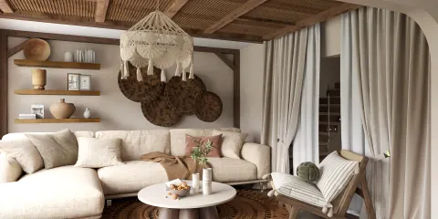 cozy living room with a sectional sofa and decorative shelves featuring bohemian decor elements, showcasing interior design with a focus on natural materials and textures, utilizing Homestyler's real-time 3D rendering for a quick design preview.