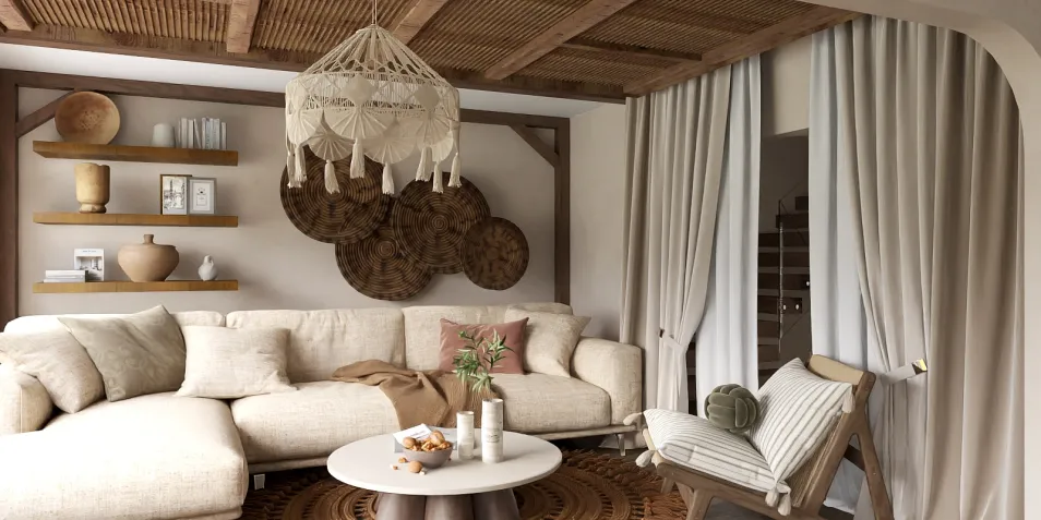 cozy living room with a sectional sofa and decorative shelves featuring bohemian decor elements, showcasing interior design with a focus on natural materials and textures, utilizing Homestyler's real-time 3D rendering for a quick design preview.