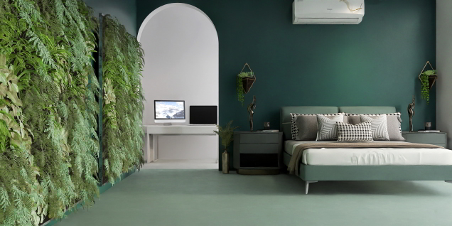 A bedroom with green theme 
