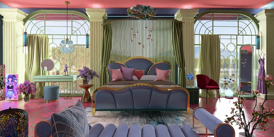 luxurious bedroom design featuring a stylish bed arrangement with decorative pillows in a colorful contemporary style that enhances spatial value, utilizing Homestyler's real-time 3D rendering feature.