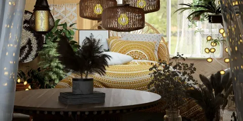cozy bedroom with bohemian decor featuring a woven bedspread and hanging pendant lights, showcasing a warm and inviting atmosphere that enhances interior design creativity using Homestyler's real-time 3D rendering.