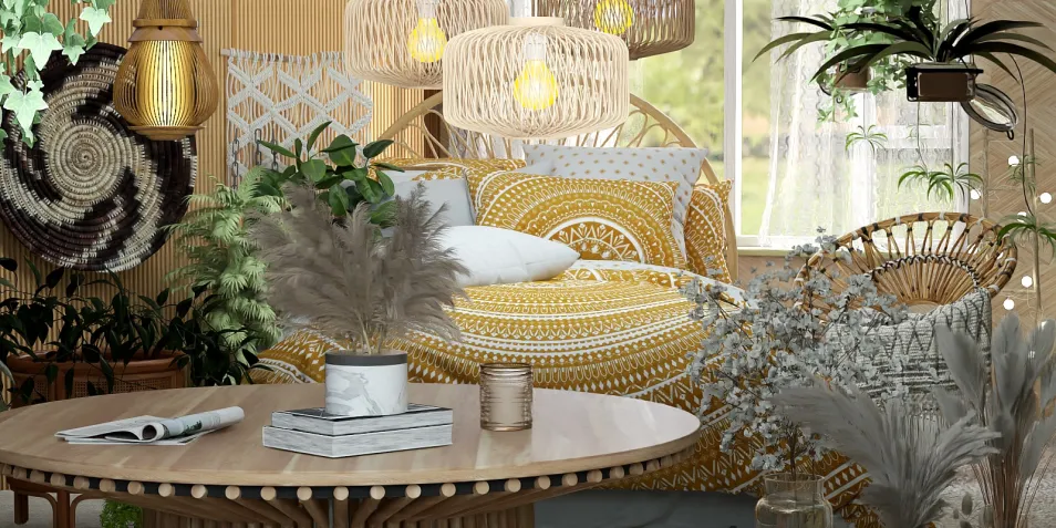 Cozy bedroom featuring a vibrant yellow patterned bedspread, stylish rattan decor, and lush greenery, showcasing interior design with Homestyler's real-time 3D rendering for an immersive space.