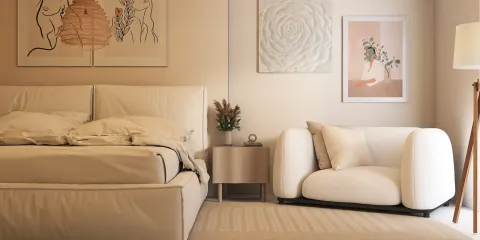 Elegant bedroom interior featuring a cozy bed arrangement and minimalist seating design, showcasing a modern aesthetic with soft color tones, utilizing Homestyler's real-time 3D rendering for design visualization.