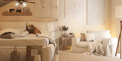 cozy bedroom with a dog lounging on the bed, featuring a modern aesthetic, showcasing homestyler's real-time 3D rendering for interior design.
