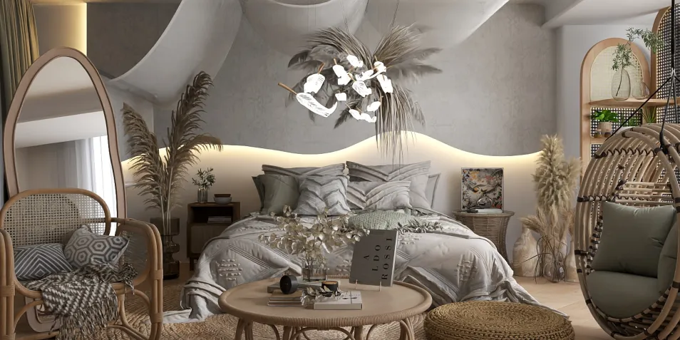 stylish bedroom featuring a cozy bed arrangement with decorative elements and plants in a modern bohemian style, showcasing Homestyler's real-time 3D rendering feature.