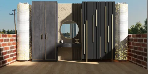modern wardrobe design featuring sleek cabinets and a decorative mirror in a stylish indoor space, showcasing interior decor optimization through Homestyler's real-time 3D rendering capabilities.