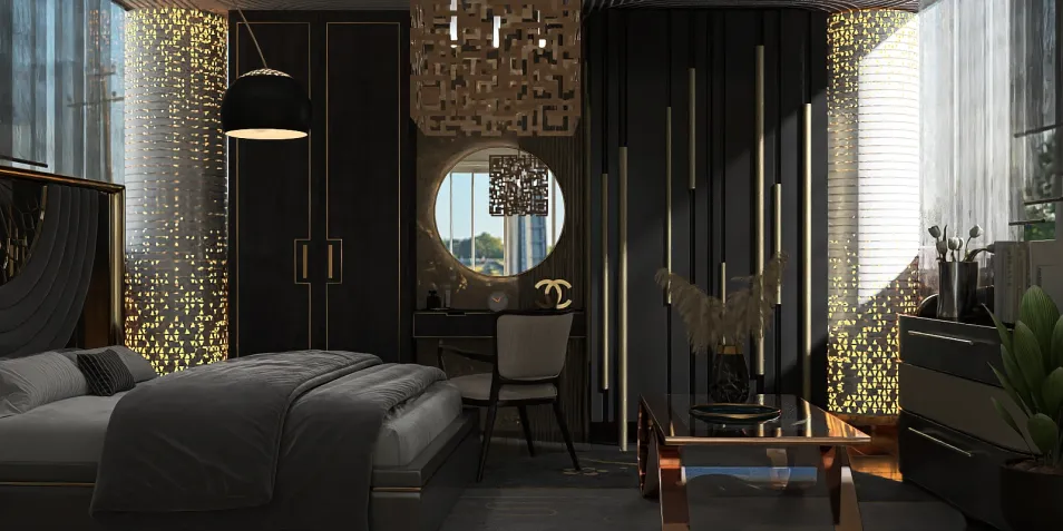 modern bedroom design featuring a luxurious black theme with sleek furniture layout and ambient lighting, showcasing Homestyler's real-time 3D rendering capability.