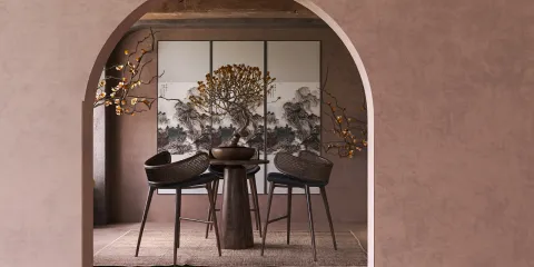 minimalist dining area featuring an elegant round table with decorative plant, showcasing a warm color palette, perfect for creating a cozy atmosphere using Homestyler's real-time 3D rendering feature.