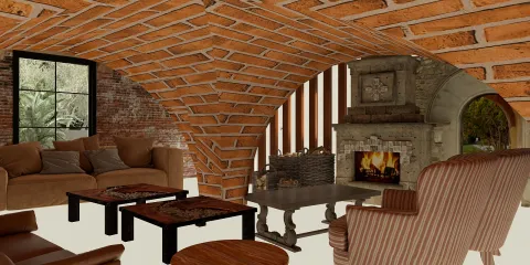 brick archway living room design showcasing a cozy fireplace in a rustic style, highlighting interior decor using Homestyler's real-time 3D rendering feature.