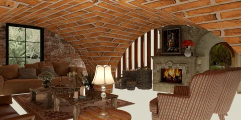 cozy living room with rustic brick ceiling featuring a fireplace and comfortable seating, designed using Homestyler's real-time 3D rendering for effective interior decor visualization