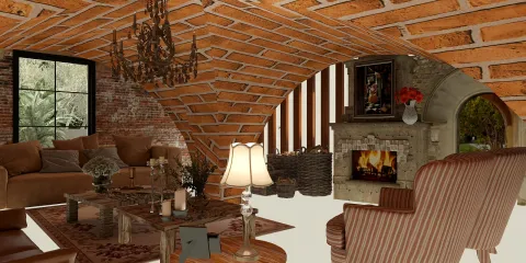 cozy living room with a brick arch ceiling featuring a fireplace and elegant furniture arrangement in a rustic style, using Homestyler's AR virtual furniture placement feature for interior decor enhancement.