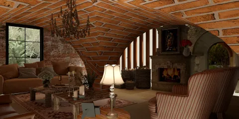 a cozy living room featuring a rustic brick arch ceiling and warm lighting, showcasing interior design with a focus on comfort and style, utilizing Homestyler's real-time 3D rendering feature.