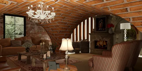 cozy living room with vintage furniture featuring a fireplace and a chandelier, designed in rustic style, optimized for indoor decor visualization using Homestyler's real-time 3D rendering feature.
