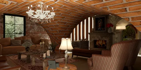 cozy living room with brick ceiling featuring a chandelier, showcasing 3D interior design style that emphasizes warmth and comfort, utilizing Homestyler's real-time 3D rendering feature for quick design previews.
