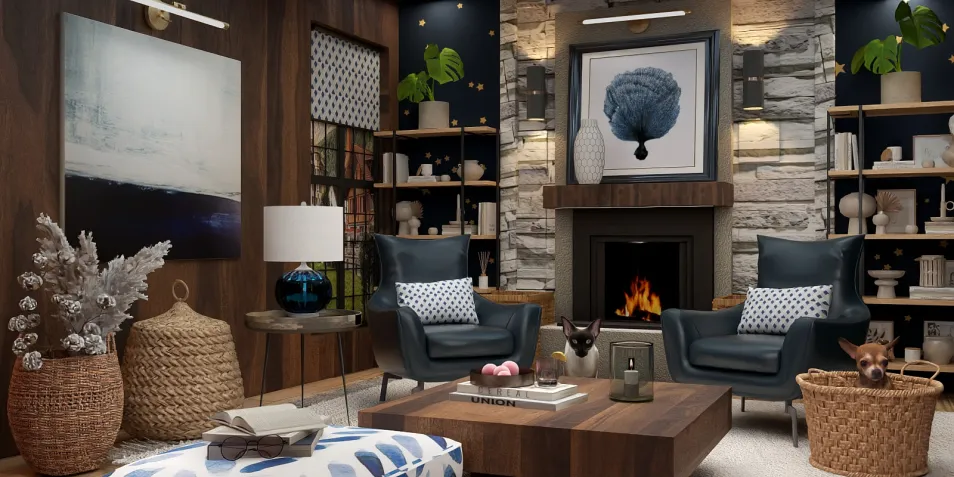 cozy living room featuring a contemporary fireplace and stylish seating arrangement with dark tones, creating an inviting atmosphere; utilizes Homestyler's real-time 3D rendering for a design proposal.
