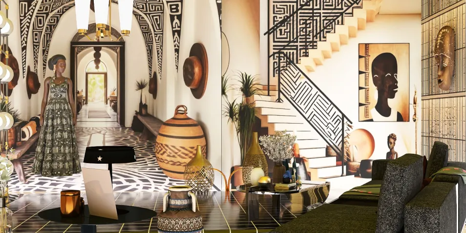 Stylish interior featuring a vibrant hallway with African-inspired decor and a contemporary staircase, showcasing an artistic blend of modern and ethnic styles; highlights the Homestyler's real-time 3D rendering for effective design previews.