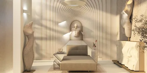 Modern bedroom design featuring a minimalist bed arrangement with sculptural wall art, created using Homestyler's real-time 3D rendering for accurate visualization.