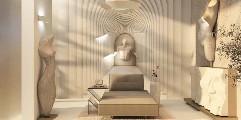 Elegant bedroom design showcasing a minimalist aesthetic with a smooth curved wall feature, utilizing Homestyler's real-time 3D rendering for effective interior decor visualizations.