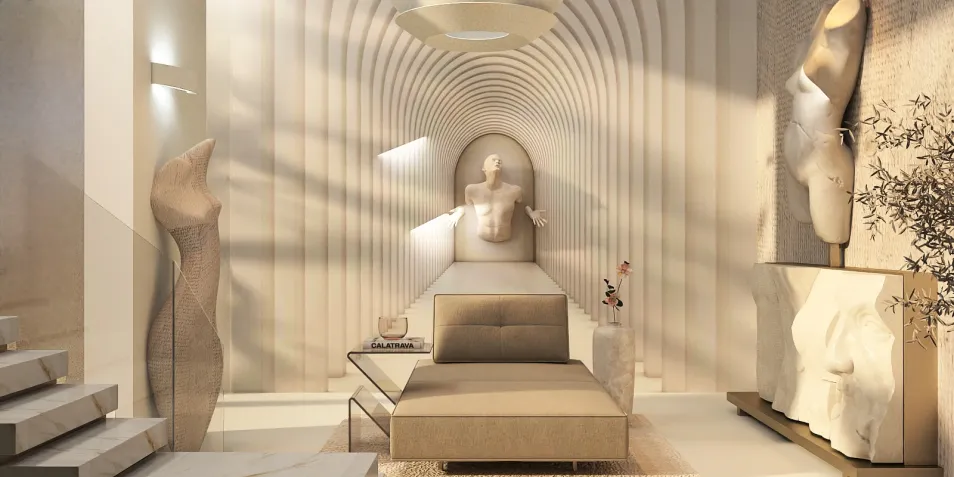 modern bedroom design featuring a minimalist bed arrangement with unique wall art, showcasing an elegant style and space optimization for a cozy living environment, utilizing Homestyler's real-time 3D rendering feature.