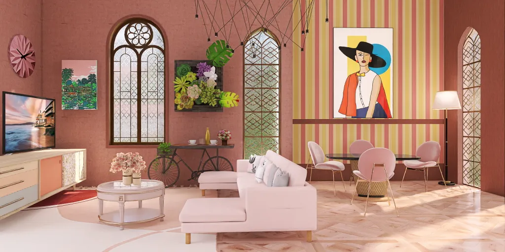 a living room with a couch, chair, and a painting 