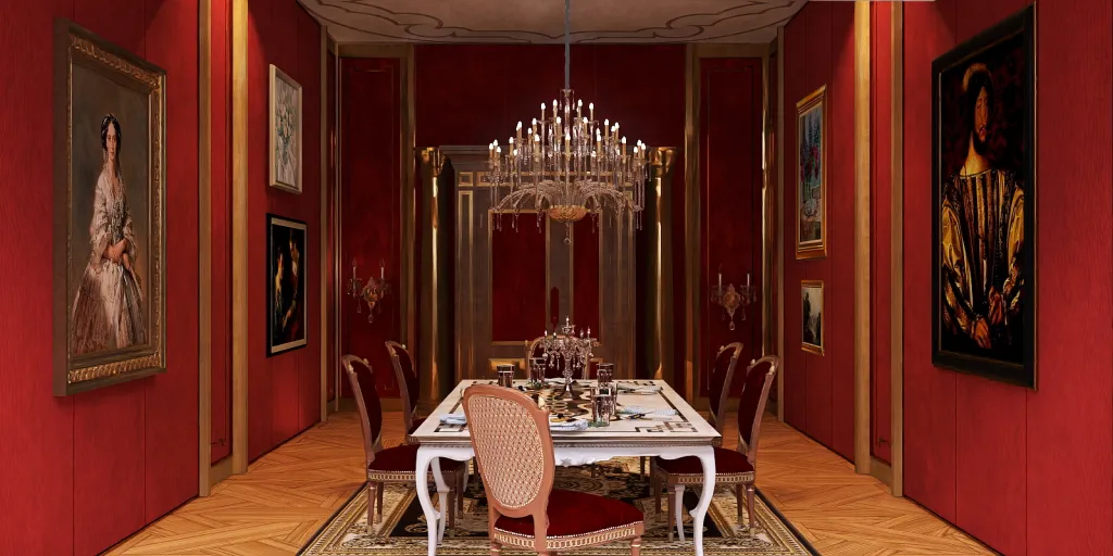 a dining room table with a large mirror 